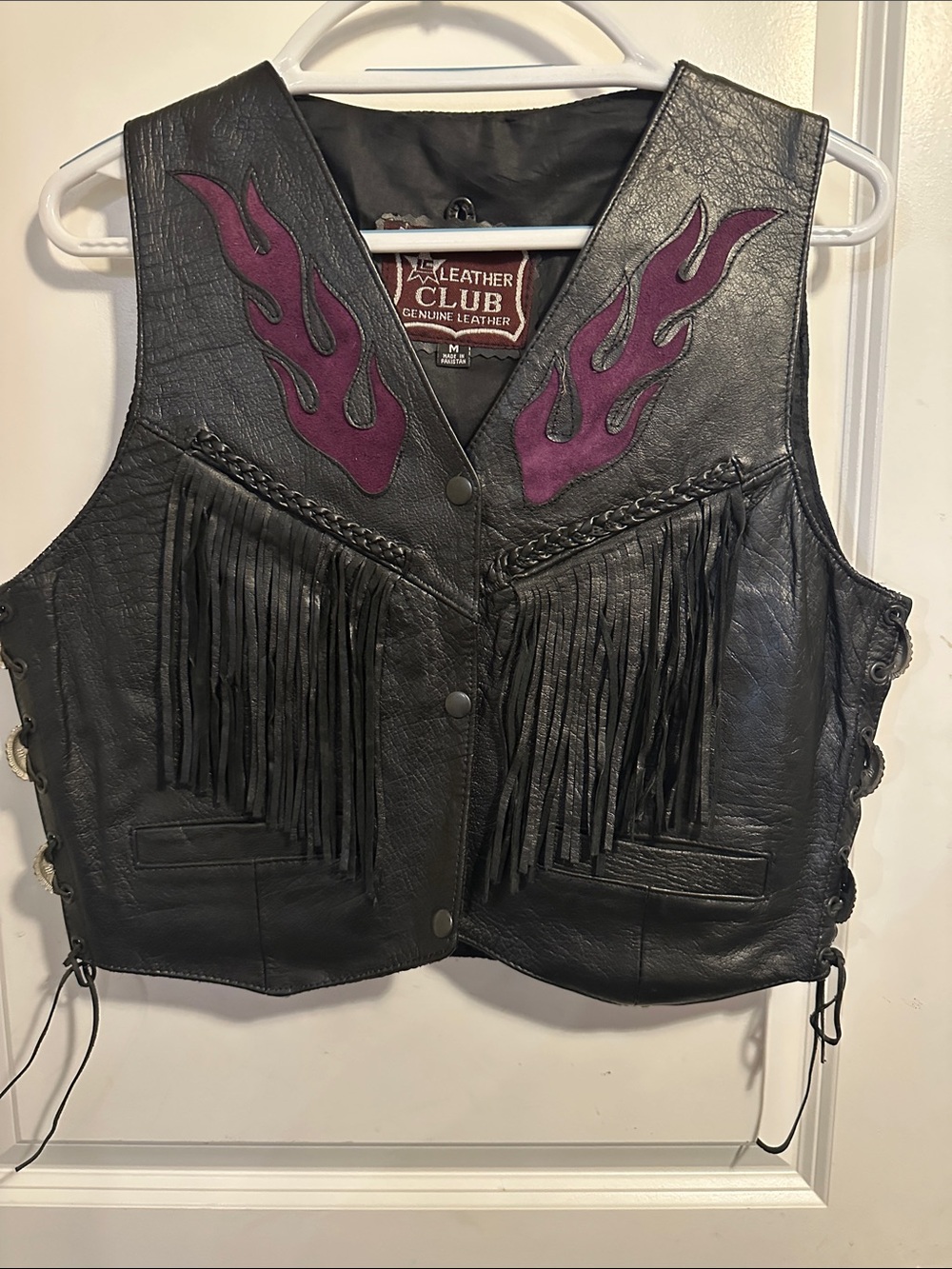 Women's Black Leather Fringe Vest with Purple Flame Accents